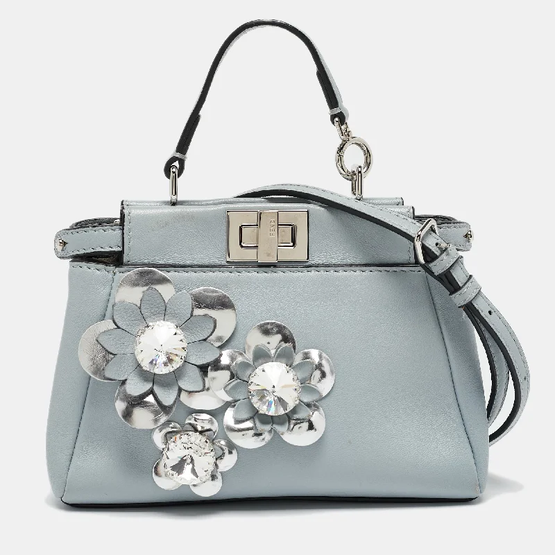 Canvas handle bags perfect for casual outings -Leather handle bags for everyday use -Fendi Light Blue/silver Leather Micro Crystal Flowerland Peekaboo Top Handle Bag