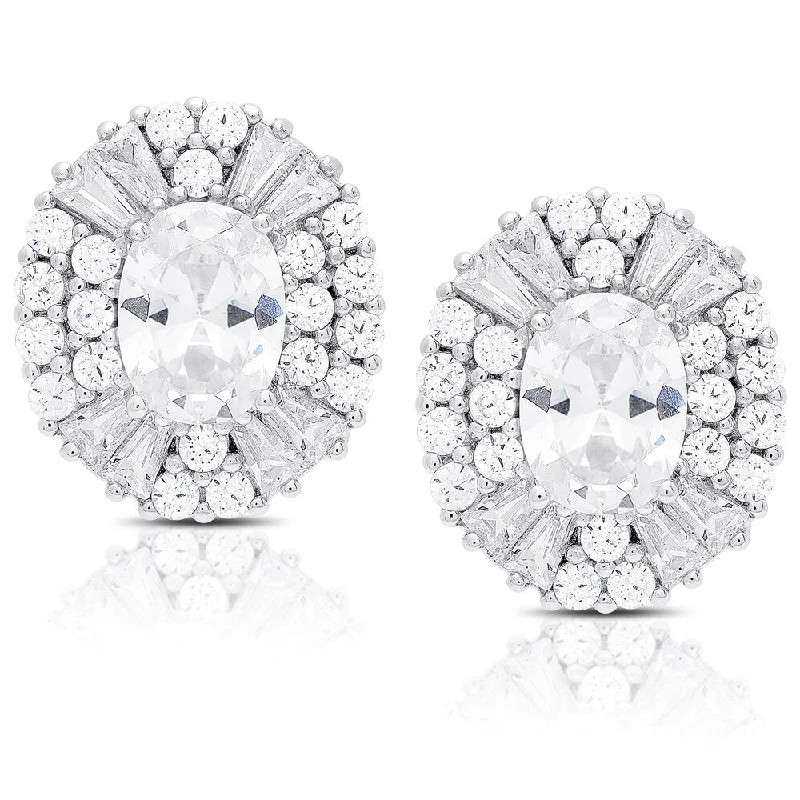 Crystal Stud Earrings for Sparkle -Dolce Giavonna Sterling Silver Oval Cubic Zirconia Stud Earrings