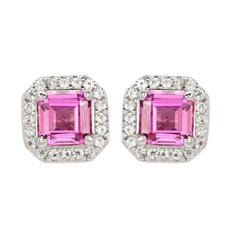 Magnetic Closure Stud Earrings for Easy -Suzy Levian Sterling Silver Assher Cut Pink Sapphire Halo Stud Earrings