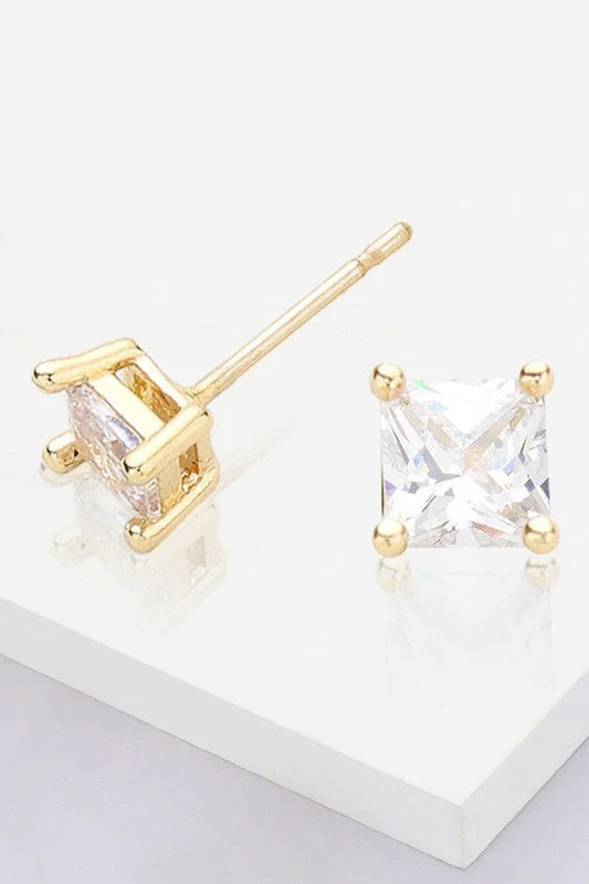 Stud Earrings for Prom Night -Gold Dipped 4mm Square CZ Stone Stud Earrings