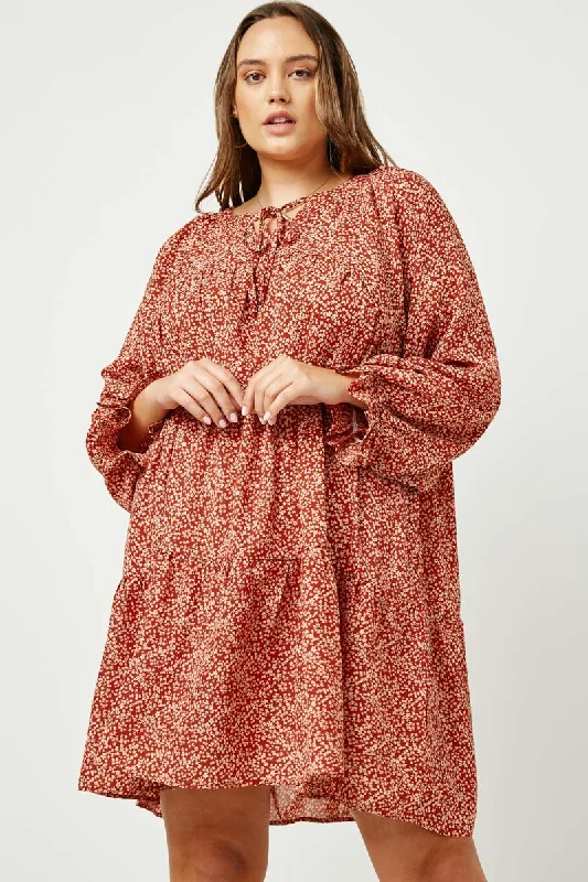 Classic plus size dresses in black suit everything -Ditsy Floral Tie Neck Long Sleeve Dress