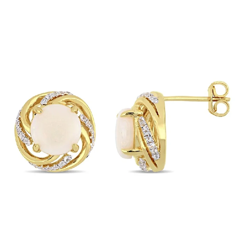 Ethnic Stud Earrings with Tribal Design -Miadora Yellow Plated Sterling Silver Opal and White Topaz Swirl Stud Earrings