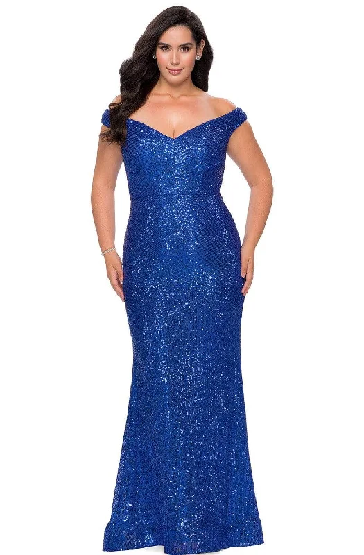 Plus size dresses for work stay professional always -La Femme - 28949 Sequined Off-Shoulder Junior Prom Sheath Gown