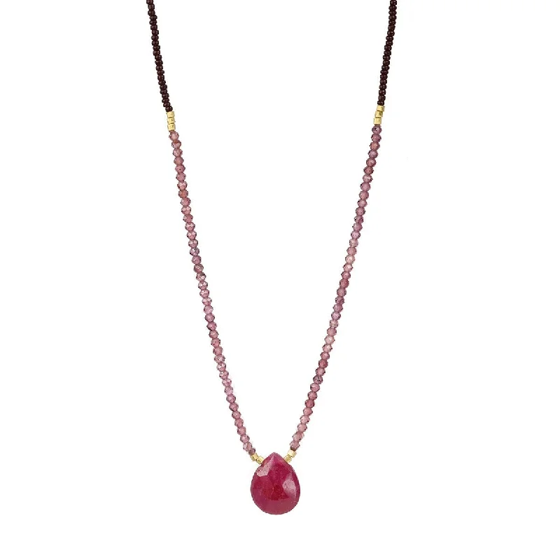 Best necklaces and pendants with gemstone clusters for a bold and colorful effect-Brown Seed, Pink Garnet & Vermeil Beaded Necklace with Center Ruby Briolette Pendant