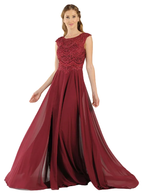 Plus size dresses with unique necklines add flair -Poly USA - 8254 Cap Sleeve Embroidered Illusion Chiffon Gown