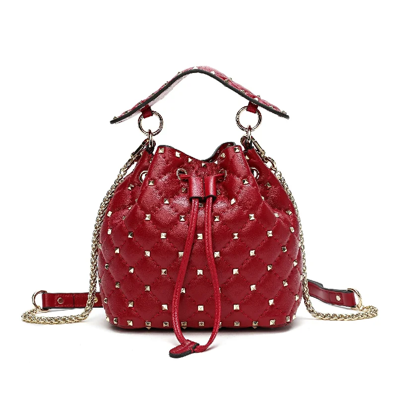 Handle bags with bold logos for branding -Plus-size handle bags for a comfortable fit -Quilted Studded Lambskin Drawstring Shoulder Bag