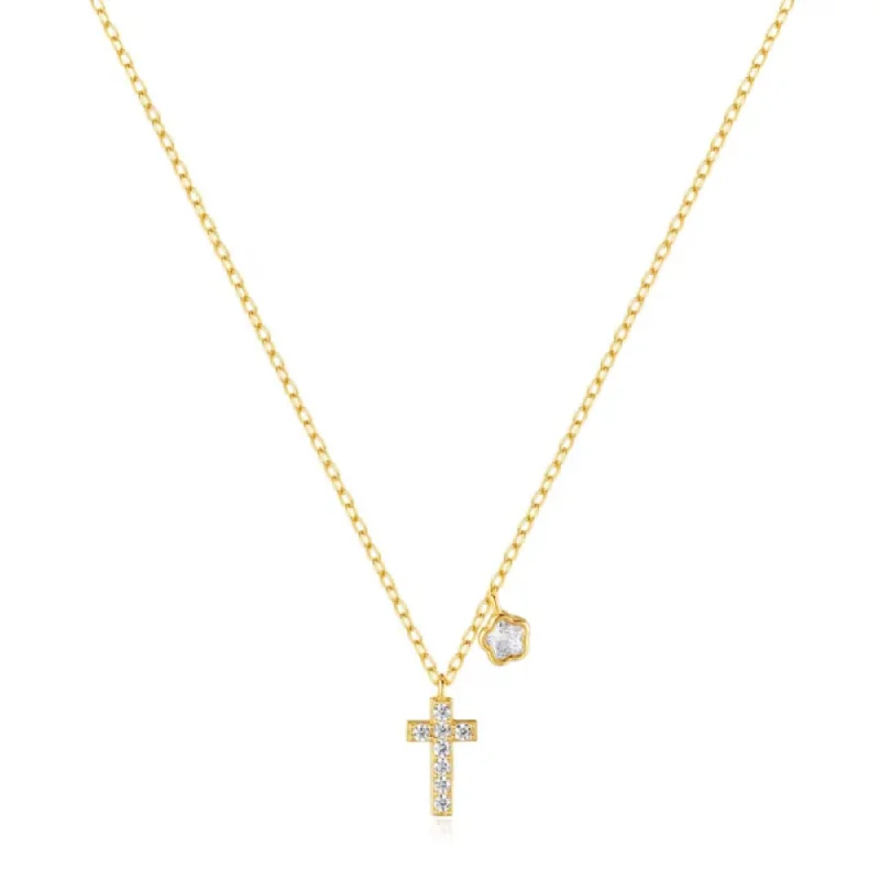 Necklaces and pendants with lock and key designs for a symbolic gesture-Gold-Plated Sterling Silver Cross Necklace with Sparkling CZ and Floral Charm