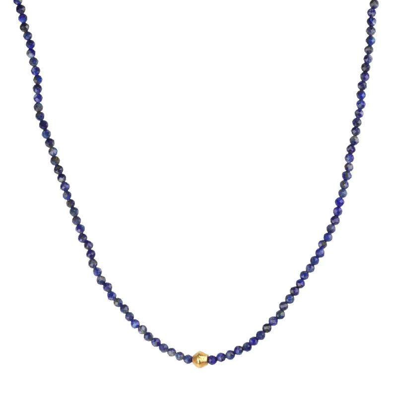 Unique necklaces and pendants with vintage-inspired designs for timeless appeal-Faceted Blue Lapis Beaded Necklace with 18K Gold Saucer Bead & Clasp