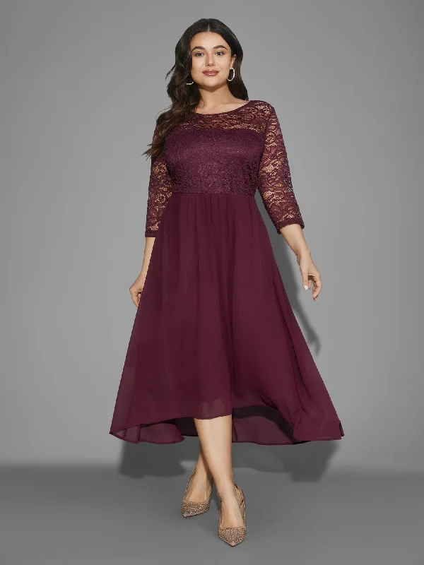 Plus size dresses featuring chiffon layers feel airy -Crochet Lace High Low Hem Midi Dress