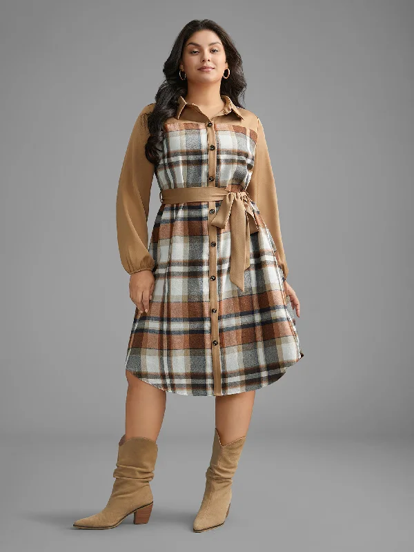 Plus size dresses with supportive linings feel great -Shirt Collar Plaid Patchwork Belted Dress