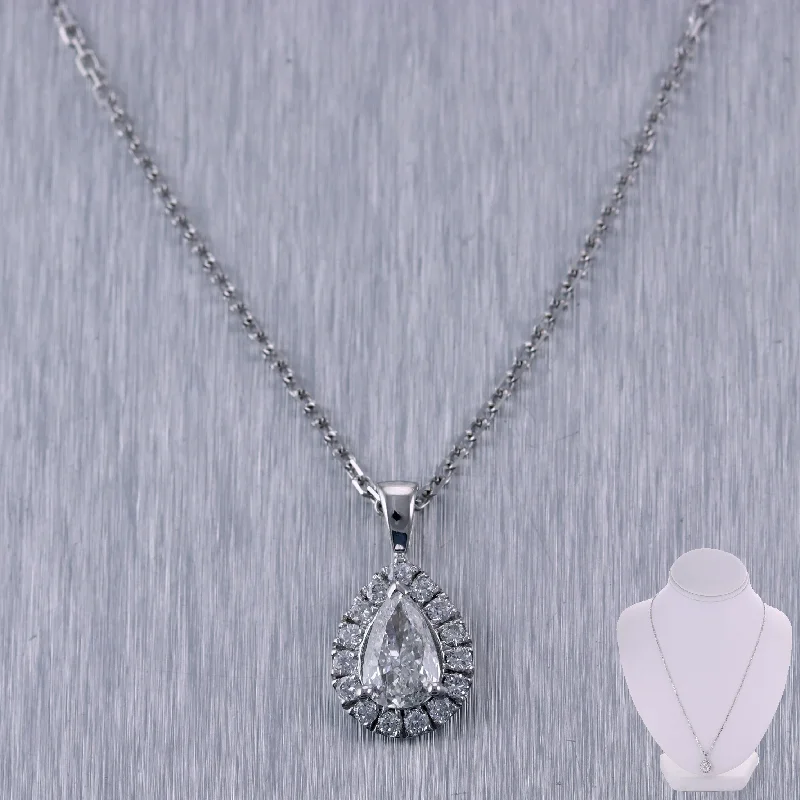 Necklaces and pendants with custom designs for a completely unique jewelry piece-Modern 14k White Gold 1.01ctw Tear Drop Pear Shape Diamond Halo 18" Necklace