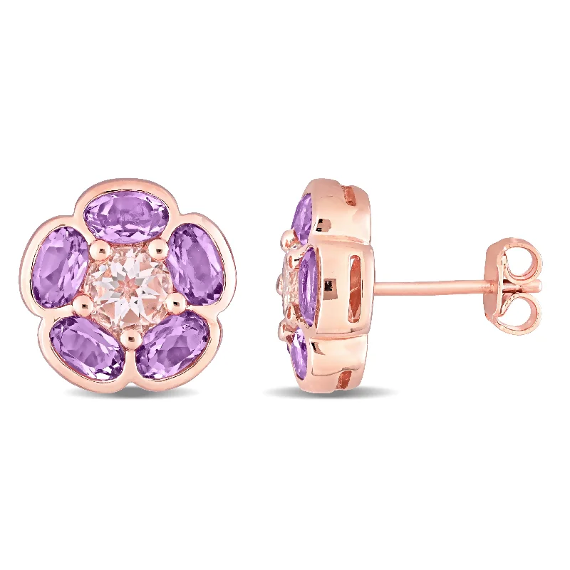 Lightweight Stud Earrings for All Day -Miadora Rose Plated Sterling Silver Amethyst & White Topaz Halo Flower Stud Earrings