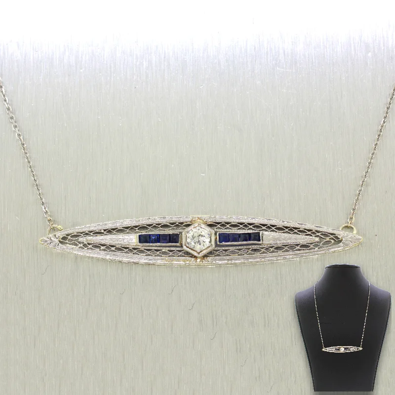 Best necklaces and pendants with cross pendants for a spiritual, meaningful symbol-1920s Antique Art Deco 14k Gold 0.25ct Diamond & Sapphire Bar Necklace