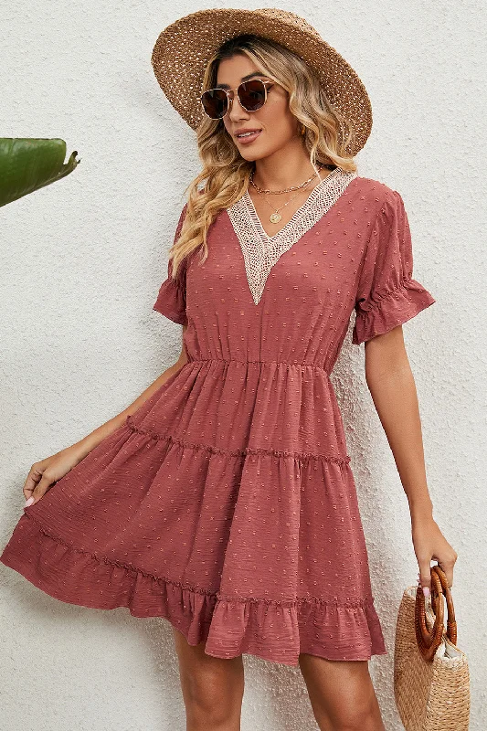 Plus size dresses with unique patterns catch eyes -Swiss Dot V-Neck Flounce Sleeve Mini Dress