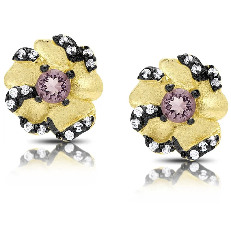 Celtic Stud Earrings with Knotwork -Samantha Stone Gold Over Silver Cubic Zirconia and Simulated Amethyst Flower Stud Earrings