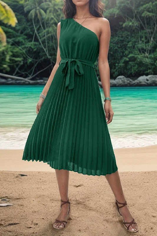 Plus size dresses for celebrations shine with style -Pleated Single Shoulder Tie Waist Midi Dress