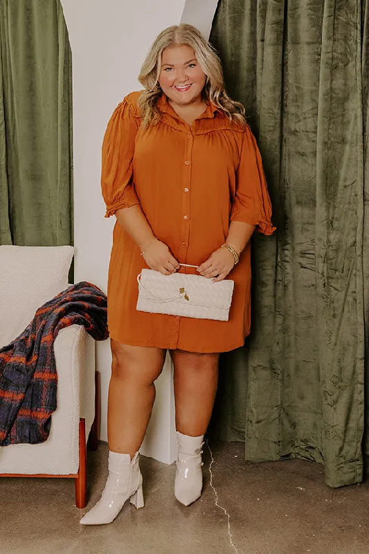 Plus size dresses with long sleeves cover comfortably -Falling Leaves Button Down Mini Dress in Pumpkin Curves