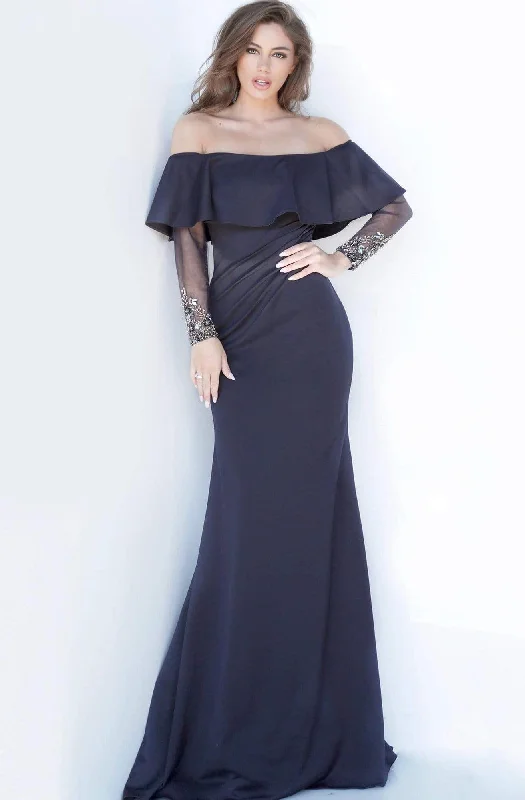 Plus size dresses featuring velvet textures feel plush -Jovani - 1152 Off-Shoulder Long Sleeves Sheath Dress