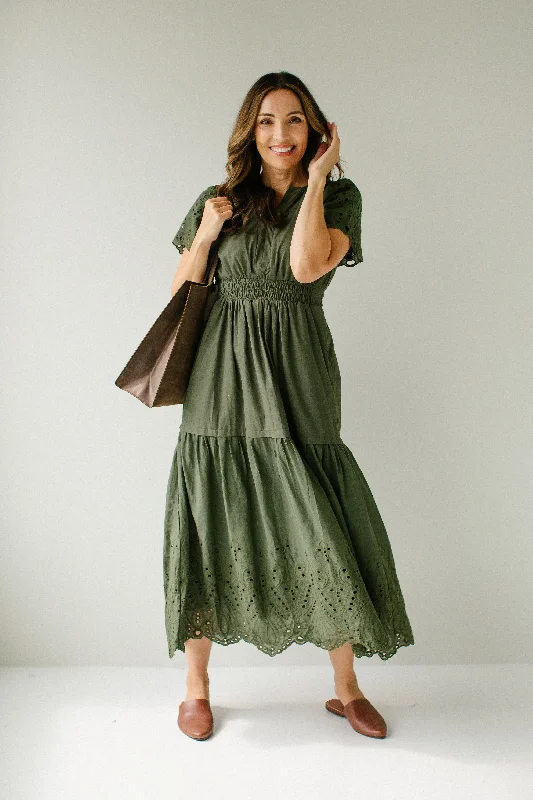 Chic plus size dresses for evenings drape perfectly -'Georgina' Eyelet Detail Smocked Waist Maxi Dress in Olive