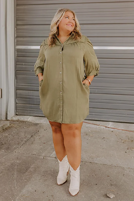 Plus size dresses with bold stripes add flair -Falling Leaves Button Down Mini Dress in Olive Curves