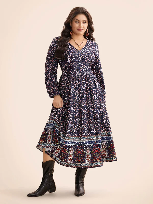 Plus size dresses with simple cuts stay timeless -Boho Print Lantern Sleeve Midi Dress