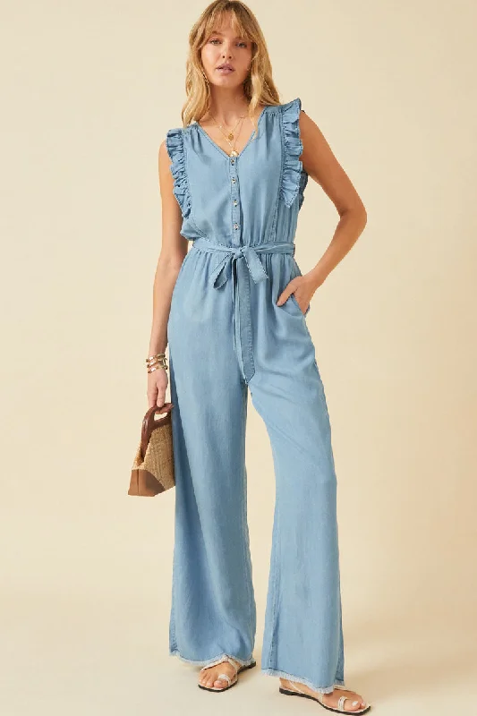 Plus size dresses featuring striped patterns are fresh -Tencel Buttoned Ruffle Tank Wideleg Jumpsuit