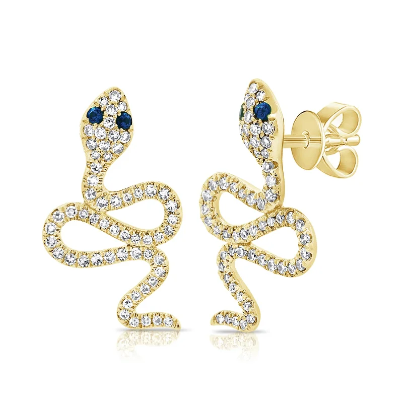 Stud Earrings for Graduation Day -Joelle Collection Diamond & Sapphire Snake Stud Earrings 14K Gold