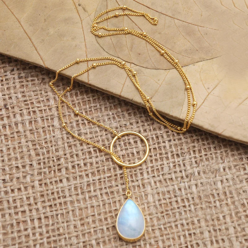 Layered necklaces and pendants for a trendy and fashionable stacked look-Sky Blue Teardrop Gold-Plated Rainbow Moonstone Pendant Necklace