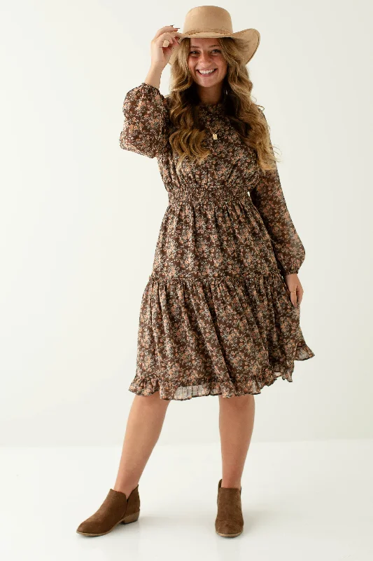 Plus size dresses with strong stitching last years -'Margot' Floral Print Ruffle Detail Midi Dress in Brown