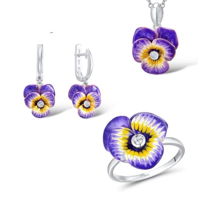 Best necklaces and pendants with vintage lockets for a nostalgic, sentimental look-Purple and Yellow Flower CZ Stone Ring Earrings Pendent Necklace 925 Sterling Silver Women Jewelry Set