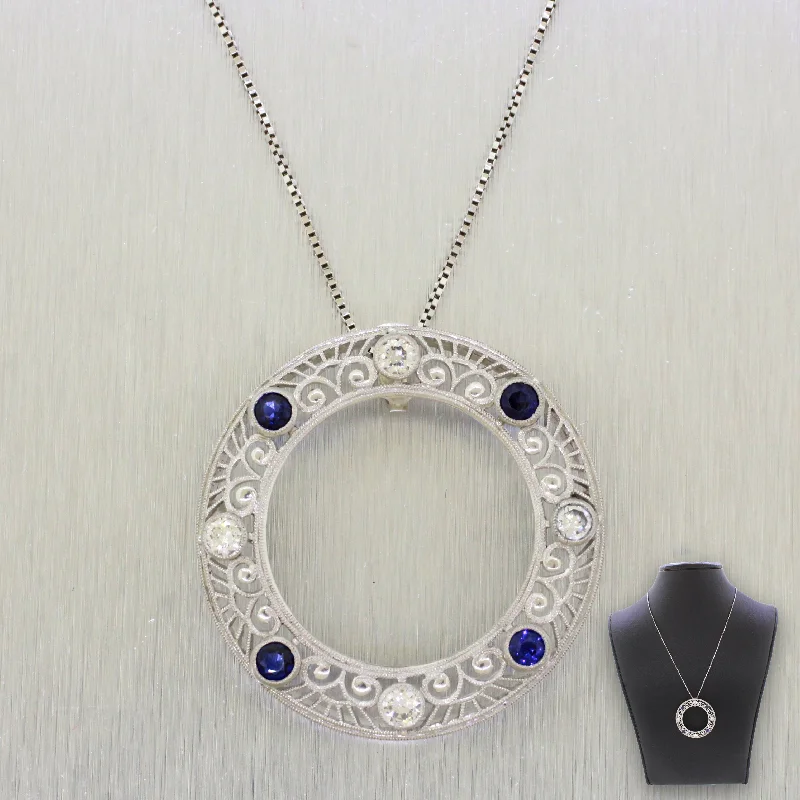 Necklaces and pendants with ocean-inspired designs for a refreshing, beachy feel-Art Deco Diamond & Sapphire Circle Pendant - Platinum & 14k Gold - Necklace 22"