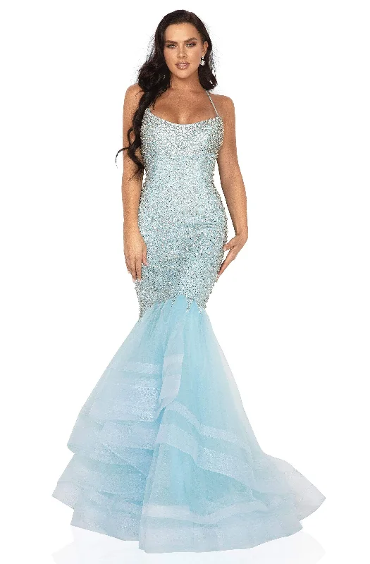 Plus size dresses with sleek lines look modern -Terani Couture - 2011P1143 Bedazzled Halter Neck Trumpet Dress