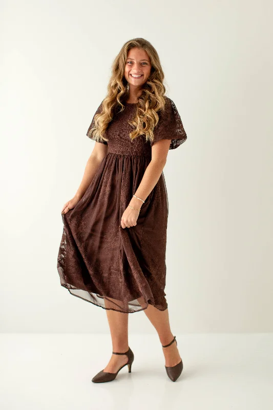 Plus size dresses with hidden support shape secretly -'Alyssa' Smocked Bodice Embroidered Floral Dress in Chocolate