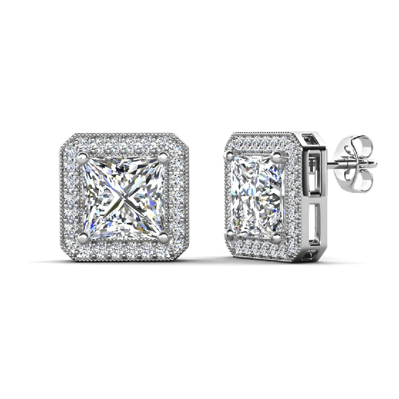 Stud Earrings with Infinity Symbols -Norah 18k White Gold Plated Princess Cut Halo Stud Earrings with Simulated Diamond Crystals