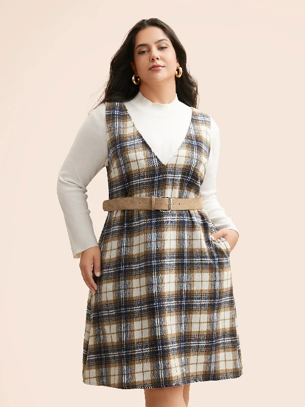 Plus size dresses with fitted bodices shape beautifully -Plaid V Neck Sleeveless Dress