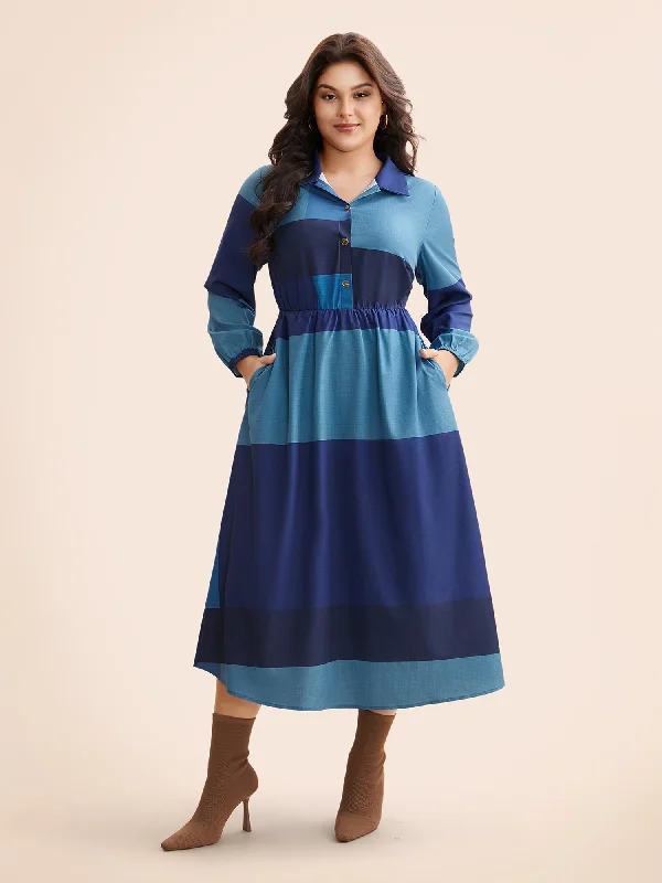 Plus size dresses featuring striped patterns are fresh -Shirt Collar Colorblock Contrast Midi Dress