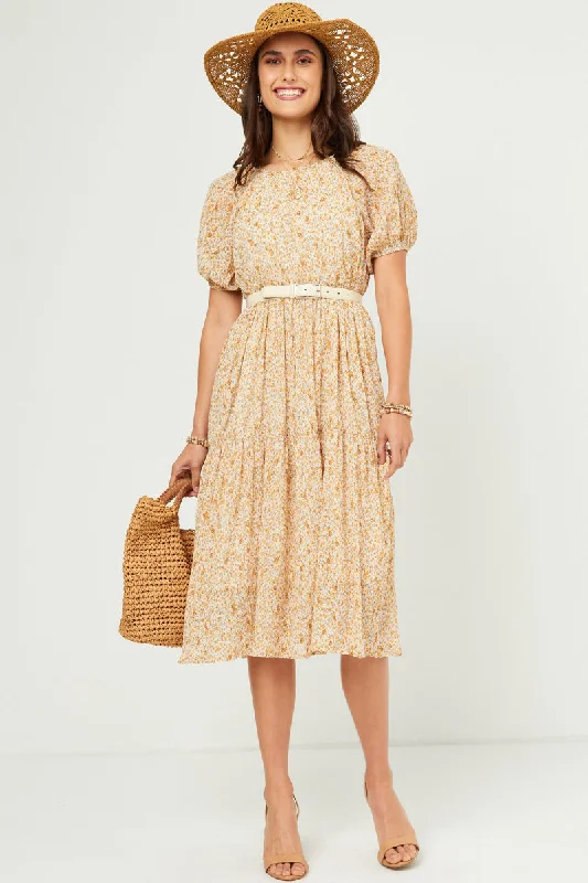 Plus size dresses featuring geometric prints are trendy -Ditsy Floral Crinkled Puff Sleeve Tiered Dress