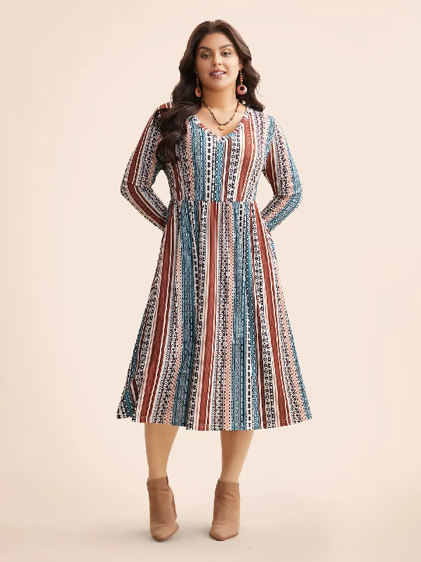 Plus size dresses with jewel tones dazzle quietly -Bandana Striped V Neck Midi Dress