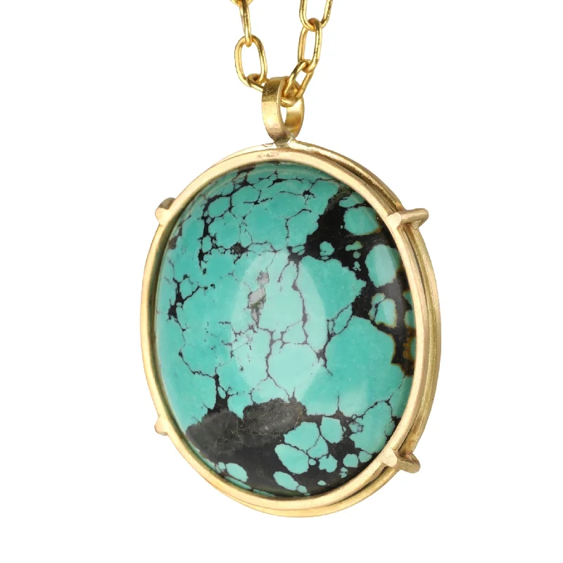 Beautiful necklaces and pendants with layered chains for a fashionable, chic look-18K Gold "Cage-Set" Oval Turquoise Pendant