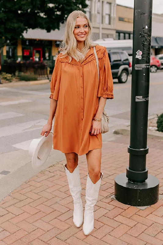 Plus size dresses featuring satin finishes feel smooth -Falling Leaves Button Down Mini Dress in Pumpkin