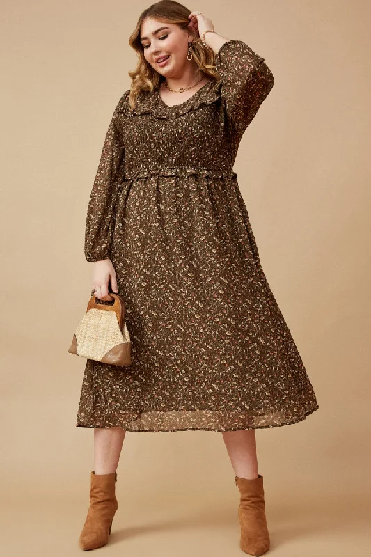 Plus size dresses with high waists define curves -Ditsy Print Smocked Bust Long Sleeve Dress