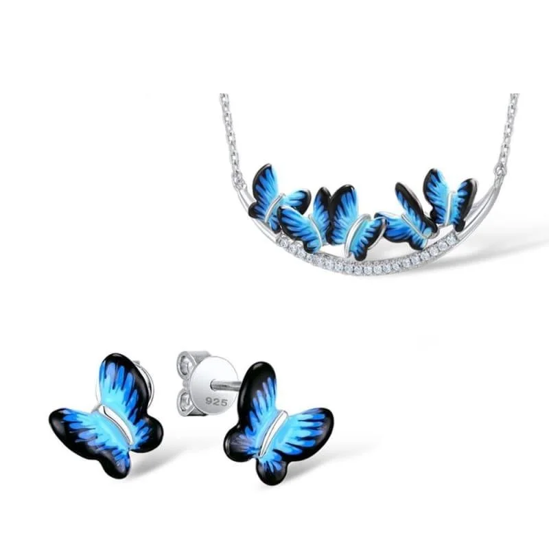 Elegant necklaces and pendants with onyx stones for a sleek, polished look-Enamel Butterfly Stones Ring Earrings Pendent Necklace 925 Sterling Silver Women Jewelry Set