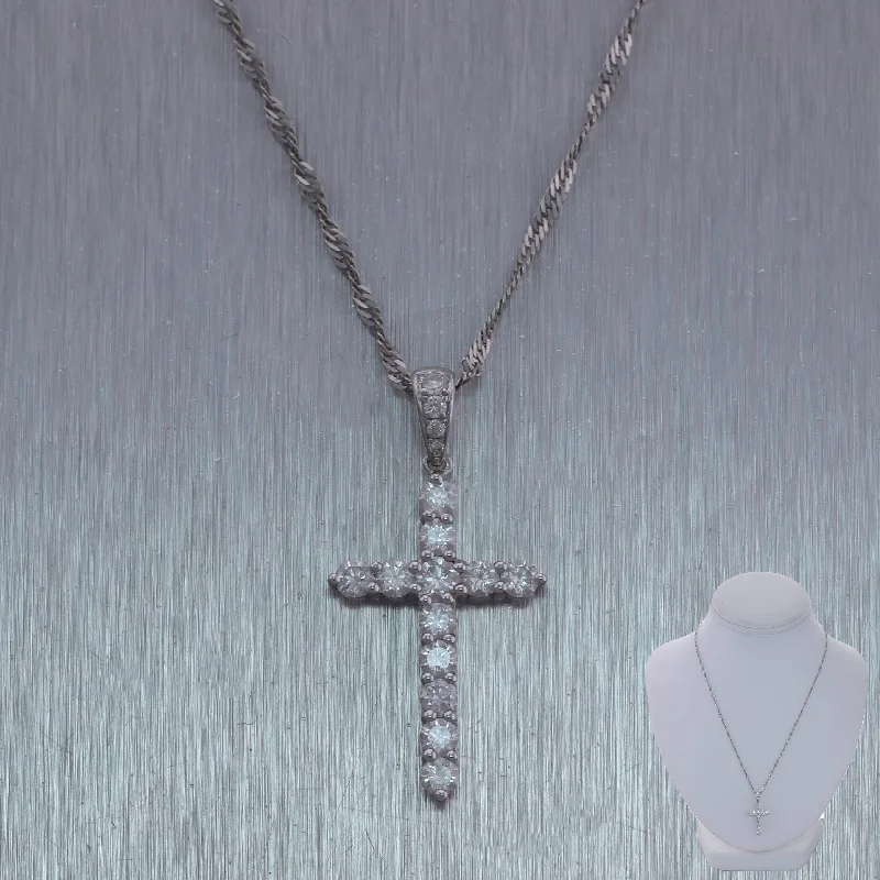 Beautiful necklaces and pendants with layered chains for a fashionable, chic look-Modern 14k White Gold 1ctw Diamond Cross Pendant 18" Necklace