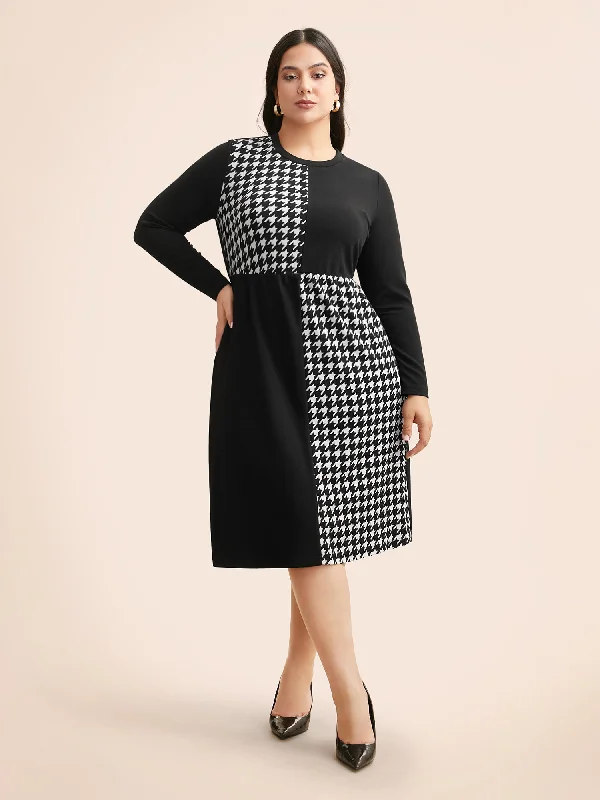 Plus size dresses with hidden support shape secretly -Houndstooth Patchwork Elastic Waist Dress