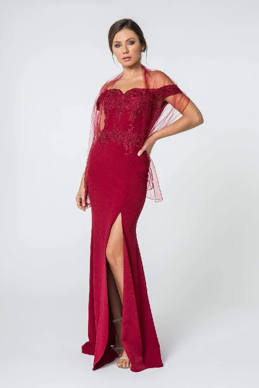 Plus size dresses featuring sequins sparkle subtly -Elizabeth K - GL2708 Embroidered Off-Shoulder Jersey Trumpet Dress