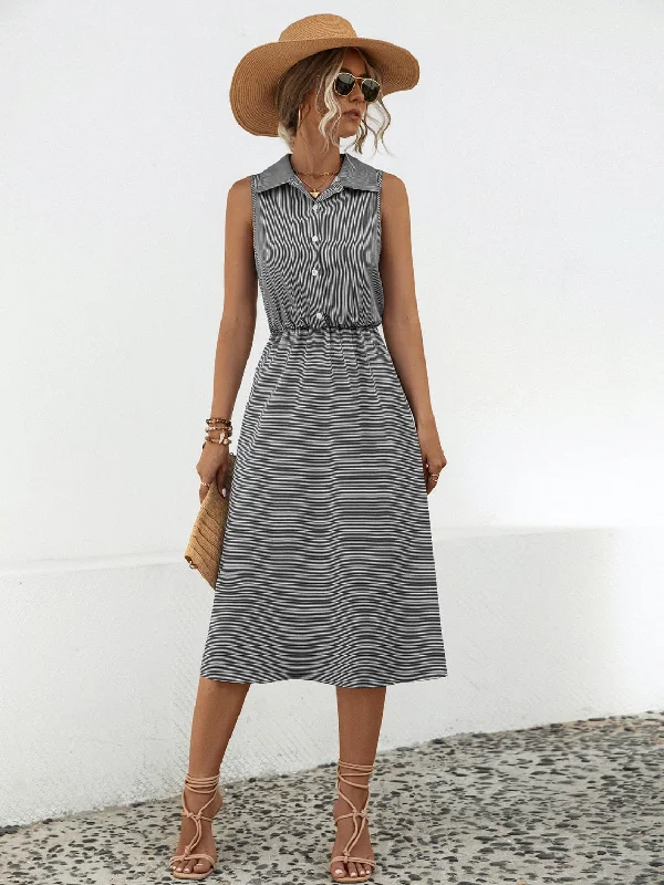 Plus size dresses with soft textures feel cozy -Striped Collared Neck Sleeveless Midi Dress