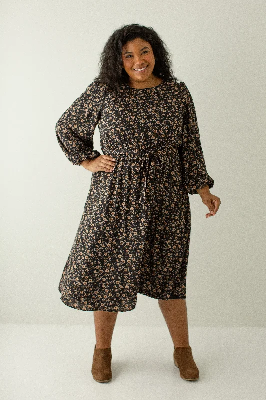 Plus size dresses for evening wear glow softly -'Ramona' Long Sleeve Floral Midi Dress in Dark Navy