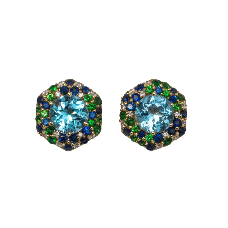 Star Shaped Stud Earrings for Charm -Goshwara Blue Topaz & Mixed Pavé 18K Gold Hexagon Stud Earrings