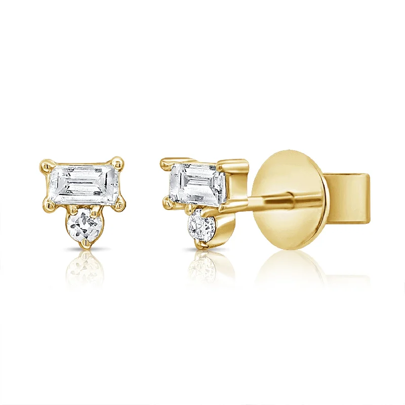 Stud Earrings for Wedding Ceremony -Elegant Baguette & Round Diamond Stud Earrings in 14K Gold