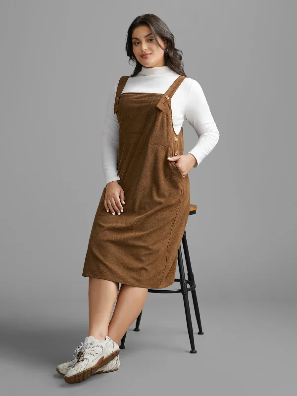 Plus size dresses featuring beadwork dazzle quietly -Corduroy Patched Pocket Button Detail Dress